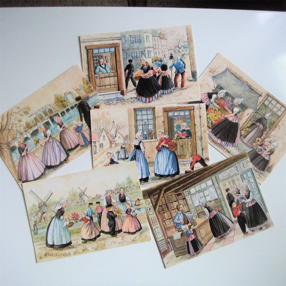 Vintage Set of 6 Traditional Dutch Scene Flower Girls Postcards